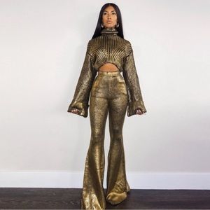 Hanifa gold Rylee set Flared Knit Wide-Leg Brown Gold Pants & chunky turtle neck